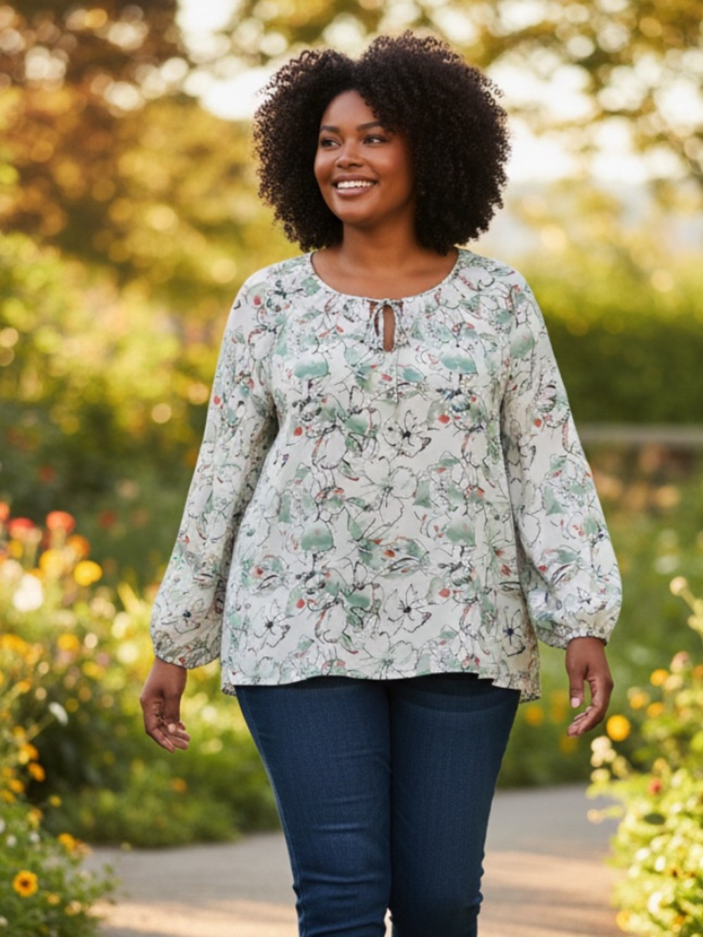 Sanctuary Cream Floral Tie-Front Blouse with Mint and Coral Accents